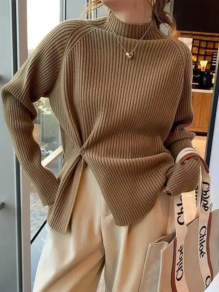 Women Sweater Pullovers Turtleneck Casual Autumn Winter Split Fork Button Chic Sweater Female  Knit Top Soft Jumper Tops