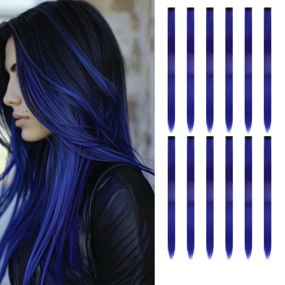 22 inches12pcs/pack Colored Party Synthetic Clip in Hair Extensions  Multi-colors Straight Hair Synthetic Hairpieces