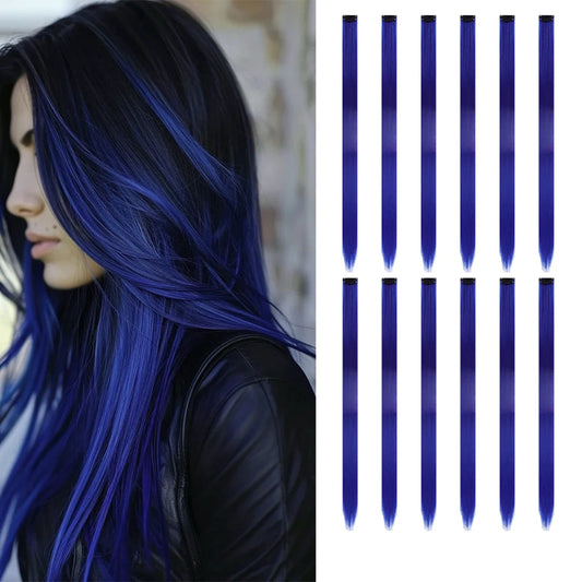 22 inches12pcs/pack Colored Party Synthetic Clip in Hair Extensions  Multi-colors Straight Hair Synthetic Hairpieces