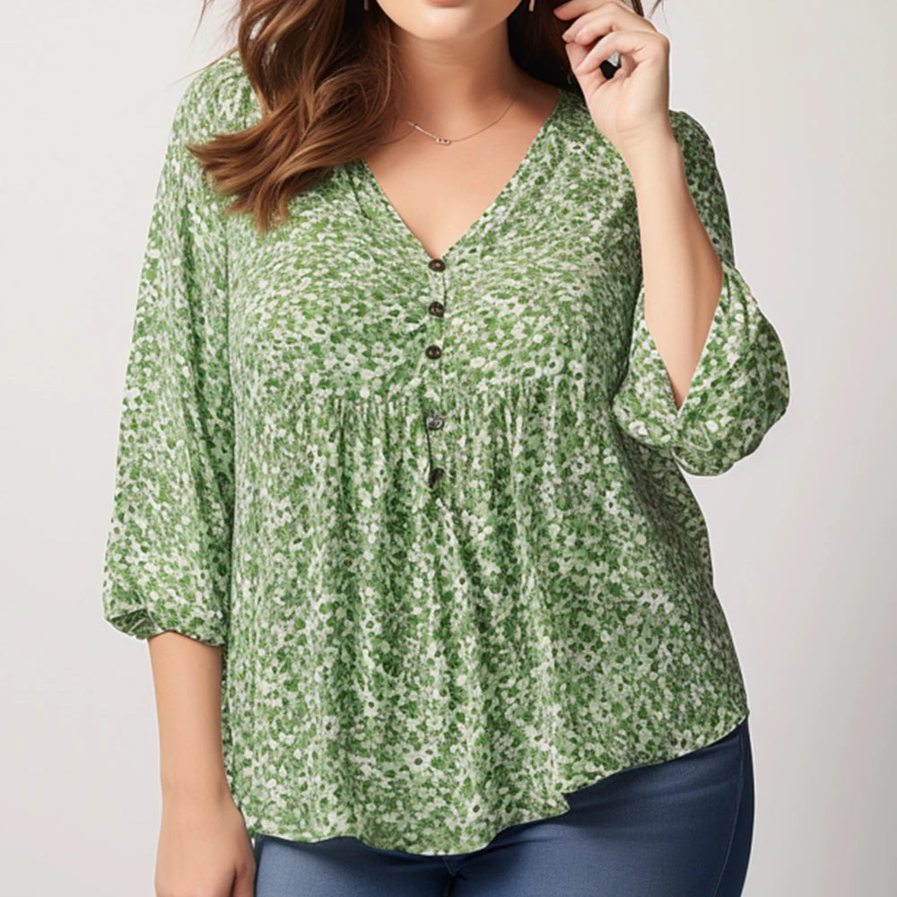 Floral Print Lantern Sleeve V Neck Blouse 3/4 Sleeve Summer