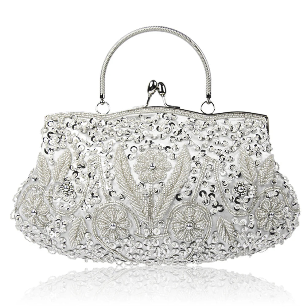 Women's Handbag Floral Designer Evening Bag Beaded Sequin Design Vintage Kissing Lock Satin Purse Bag Wedding Party Clutch Bags