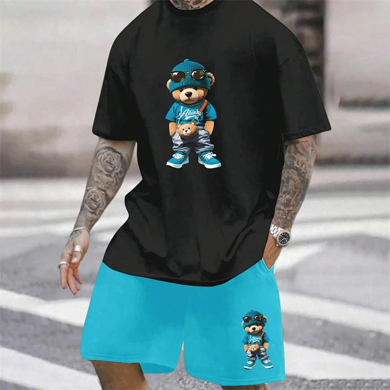 Fun Bear T-Shirt Men's Summer Loose Daily Couple Suit Outdoor Street Short Sleeve Shorts Two Piece Men Summer Suit