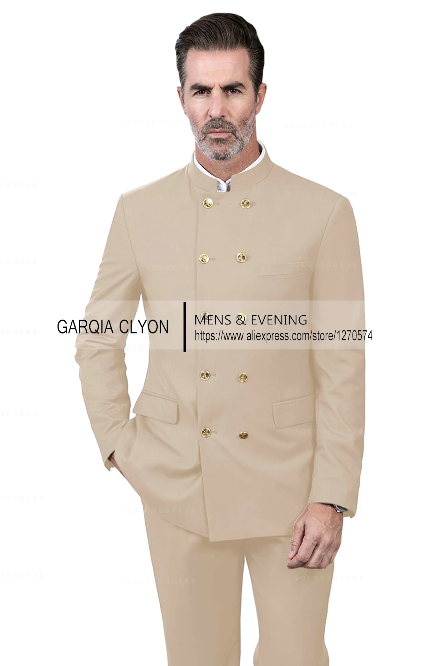 2 Piece Stand Collar Double-Breasted Chinese Style  Men's Suits With 3 Real Pocket Wedding SuitsTailored Fit (Blazer+Pants)