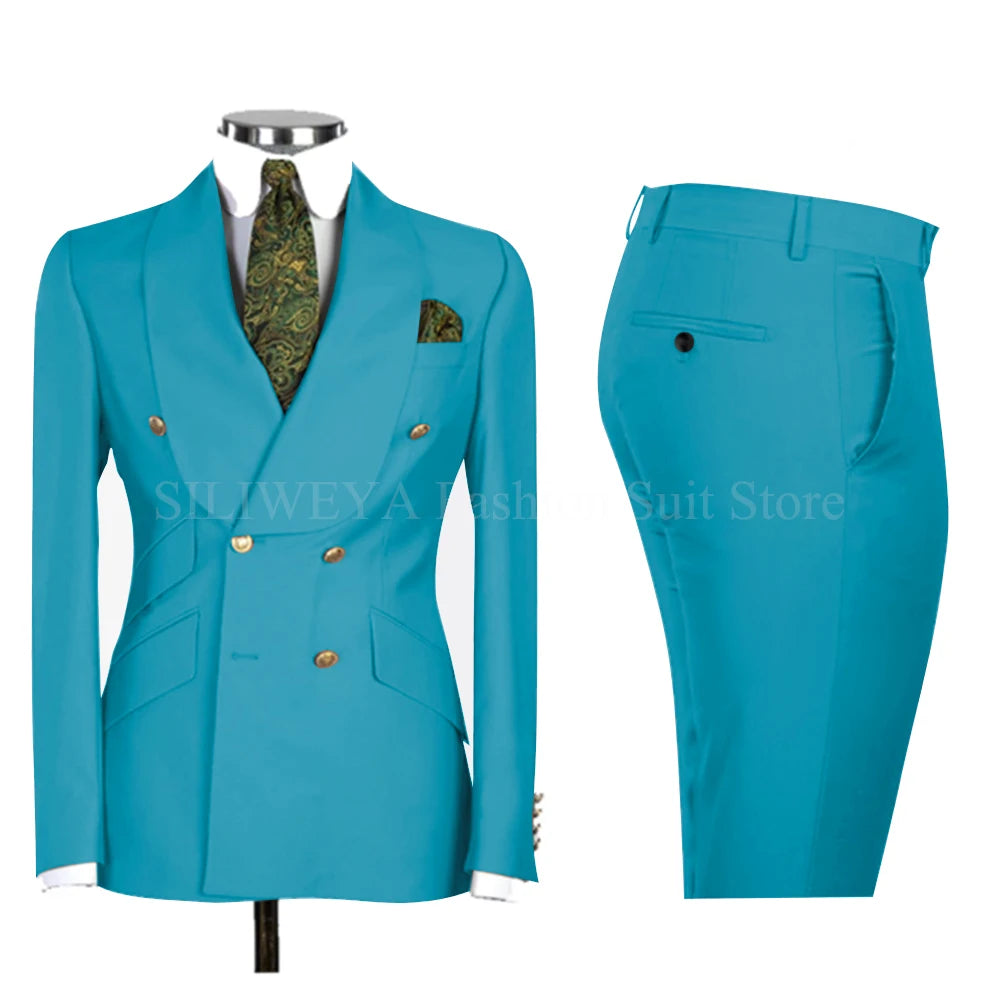 Gold Men Business Casual Men's Suits Jacket Pants Set Male Blazer Coat Pants 2PCS Slim Fit Suits