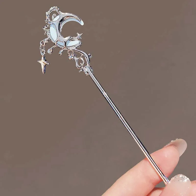 Vintage Moonstone Star Moon Hair Sticks for Women Chinese Style Cross Tassel Hairpin Disk Hair Chopsticks Hair Accessories