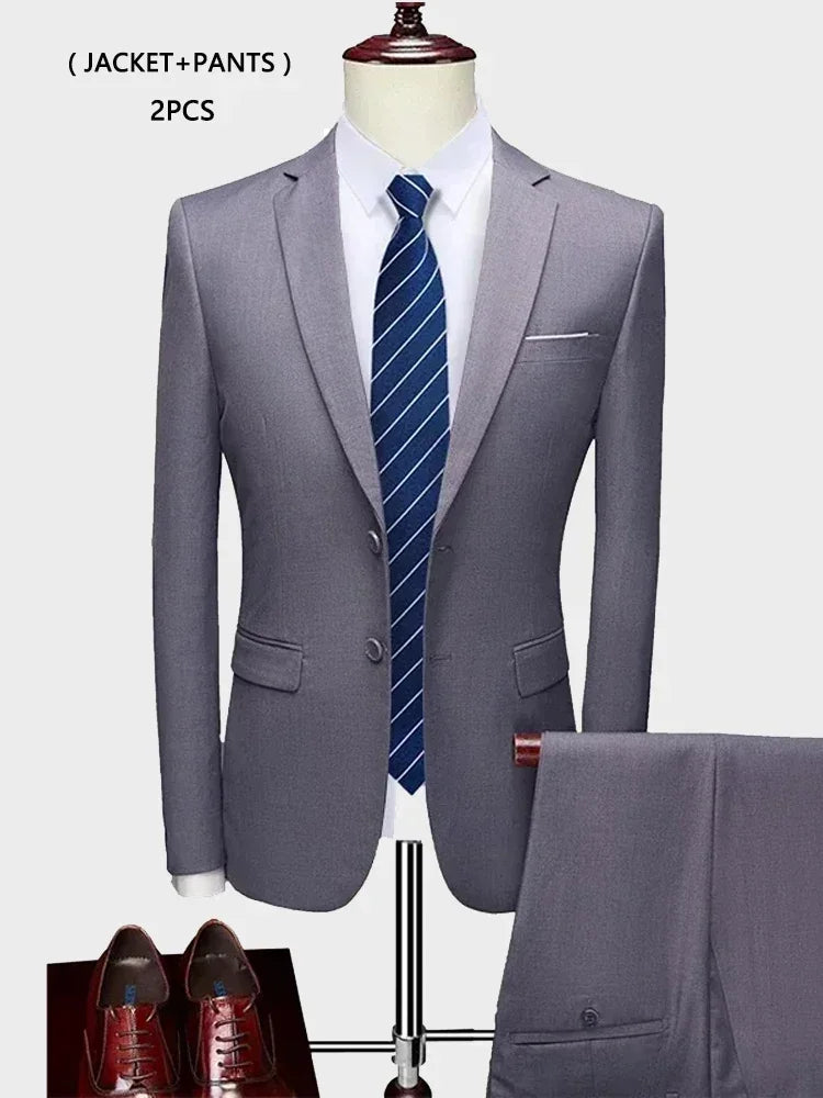 ( Jacket +Vest+ Pants ) Luxury Men's High-end Brand Solid Color Business Office Suit 3Pcs & 2Pcs Groom Wedding Party Suit Tuxedo