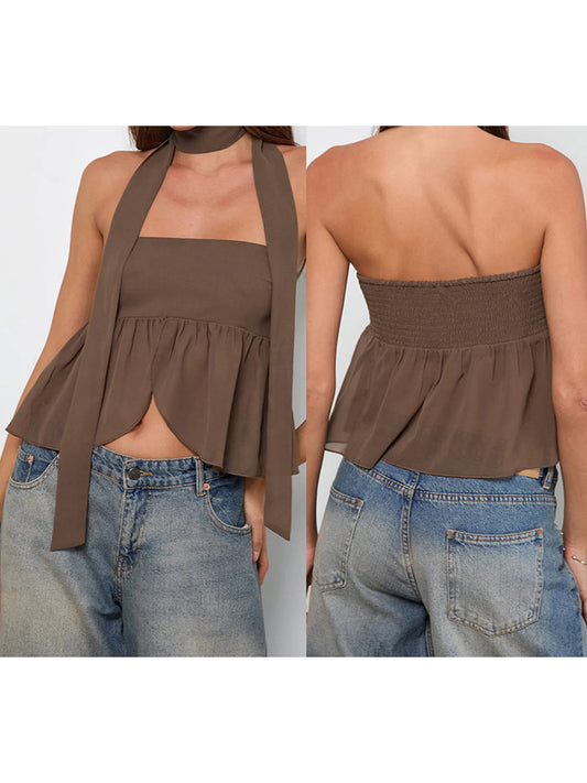 Women s Solid Color Off-Shoulder Tube Top with Ruffled Detail and Matching Scarf Set for Chic Summer Street Style Fashion