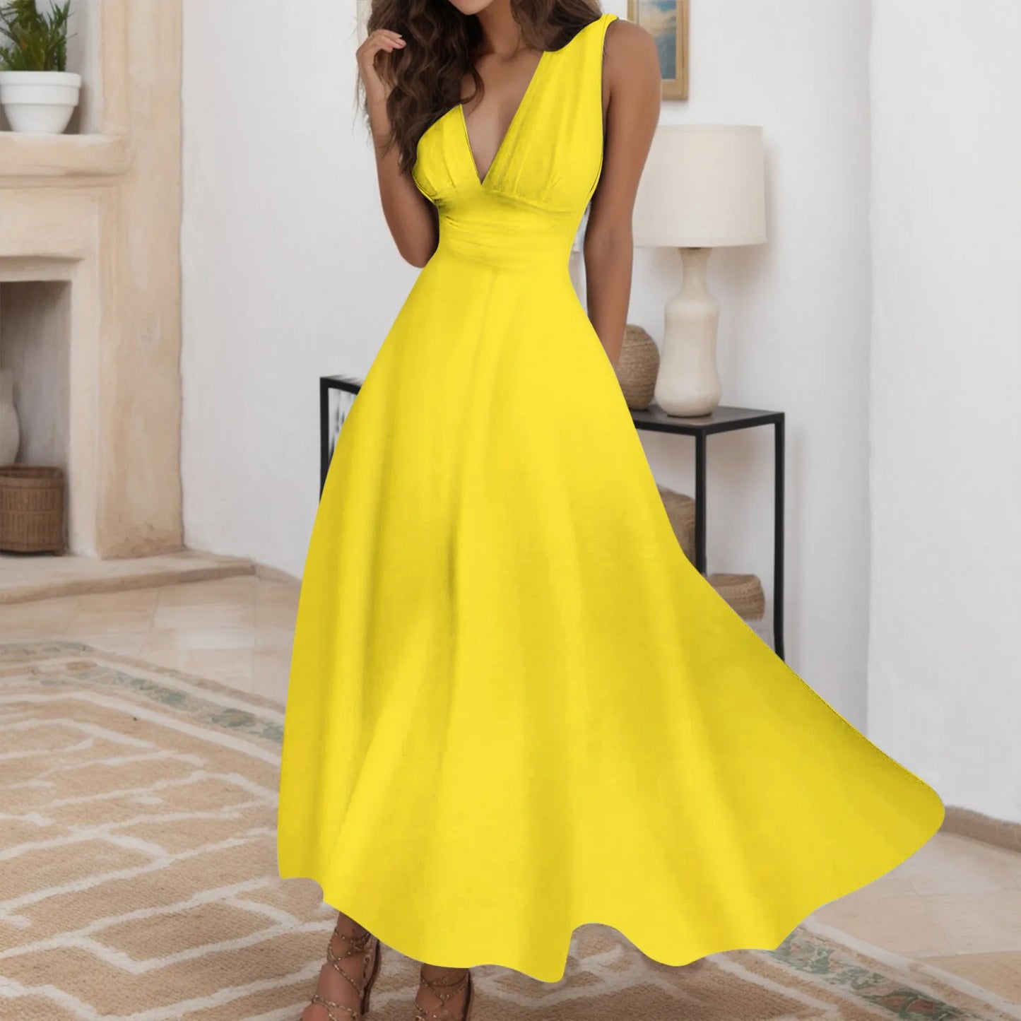 Women's Elegant A Line Sleeveless Midi Dress Casual Female V-neck Tunic Waist Swing Dress Wrap Long Dresses