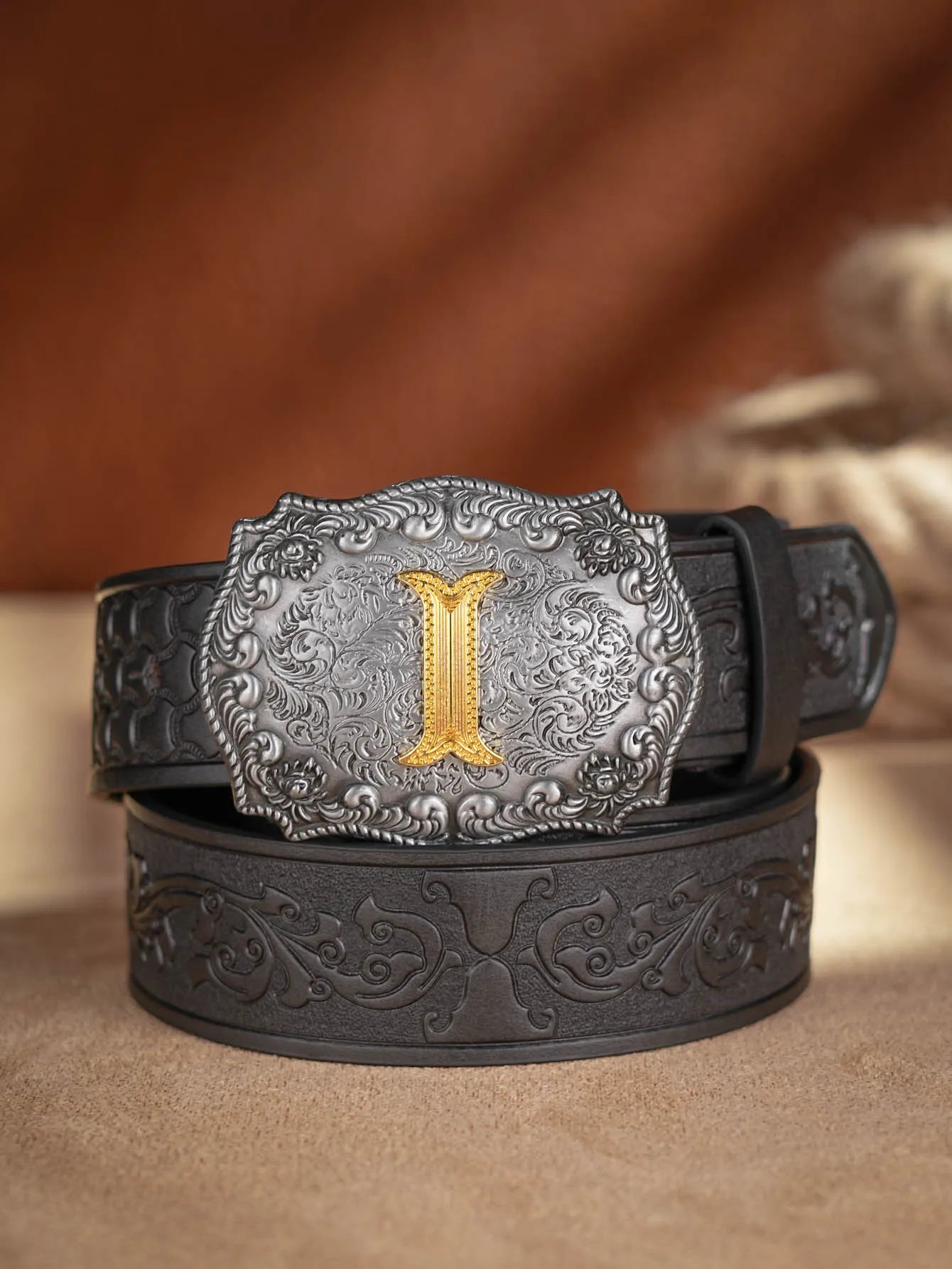 Western Cowboy PU Leather Belt  Waist Strap Bull Decoration Floral Engraved for Jeans