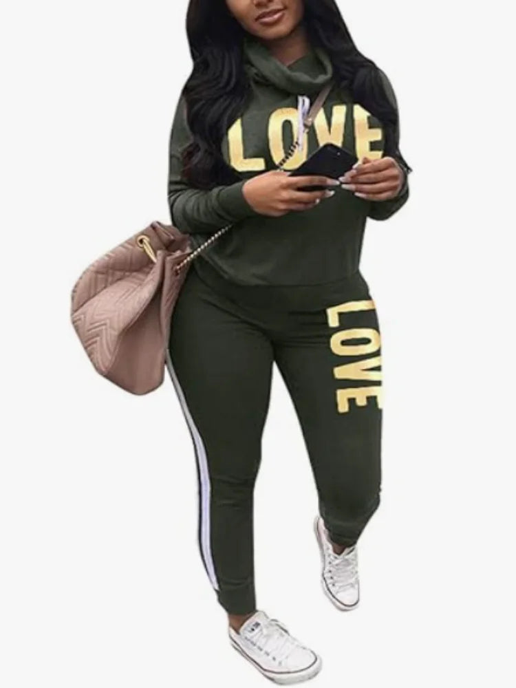 Women Two Piece  Round Neck Pullover Top with Long Pants Casual Outfit