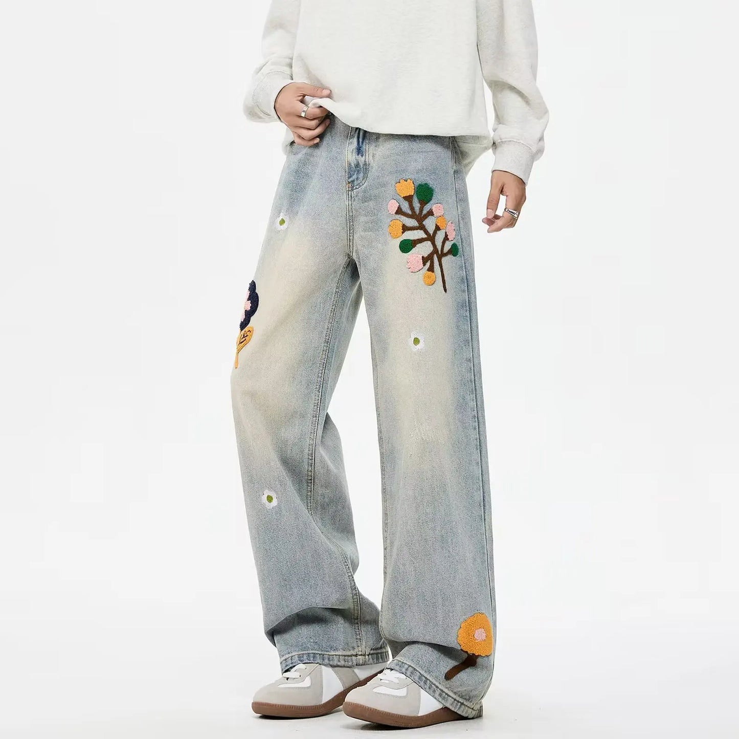Vintage Flower Embroidered Jeans For Women High Street Baggy Straight Wide Leg Denim Pants Autumn Design Hip Hop Fashion Jean