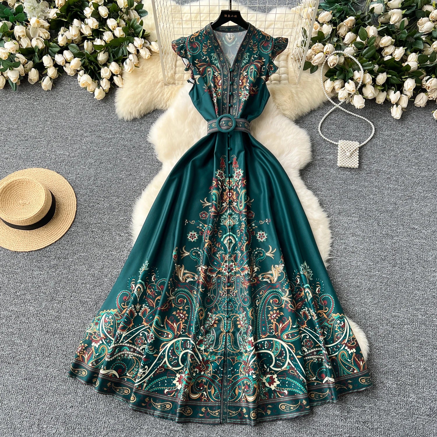 Summer Women Clothing Runway Fashion Paisley Print Flying Sleeve V-Neck Single Breasted Belted Vintage Party Long