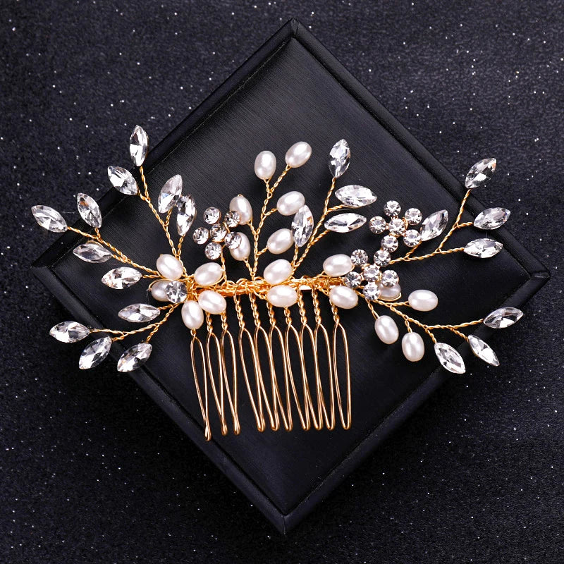 Gold Color Crystal Pearl Hair Comb Headband For Women Bride Party Bridal Wedding Hair Accessories Jewelry Comb Headband