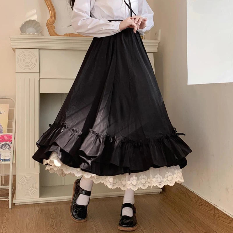 Lace Double Layer  Loose  Ruffled A-line Skirt