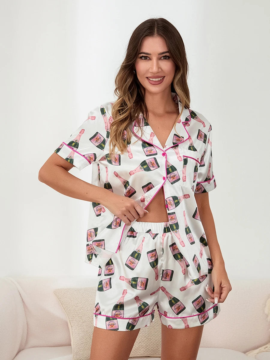 Women s 2 Piece Pajama Set V-Neck Short Sleeve Button Down Tops Drawstring Waist Shorts Sleepwear