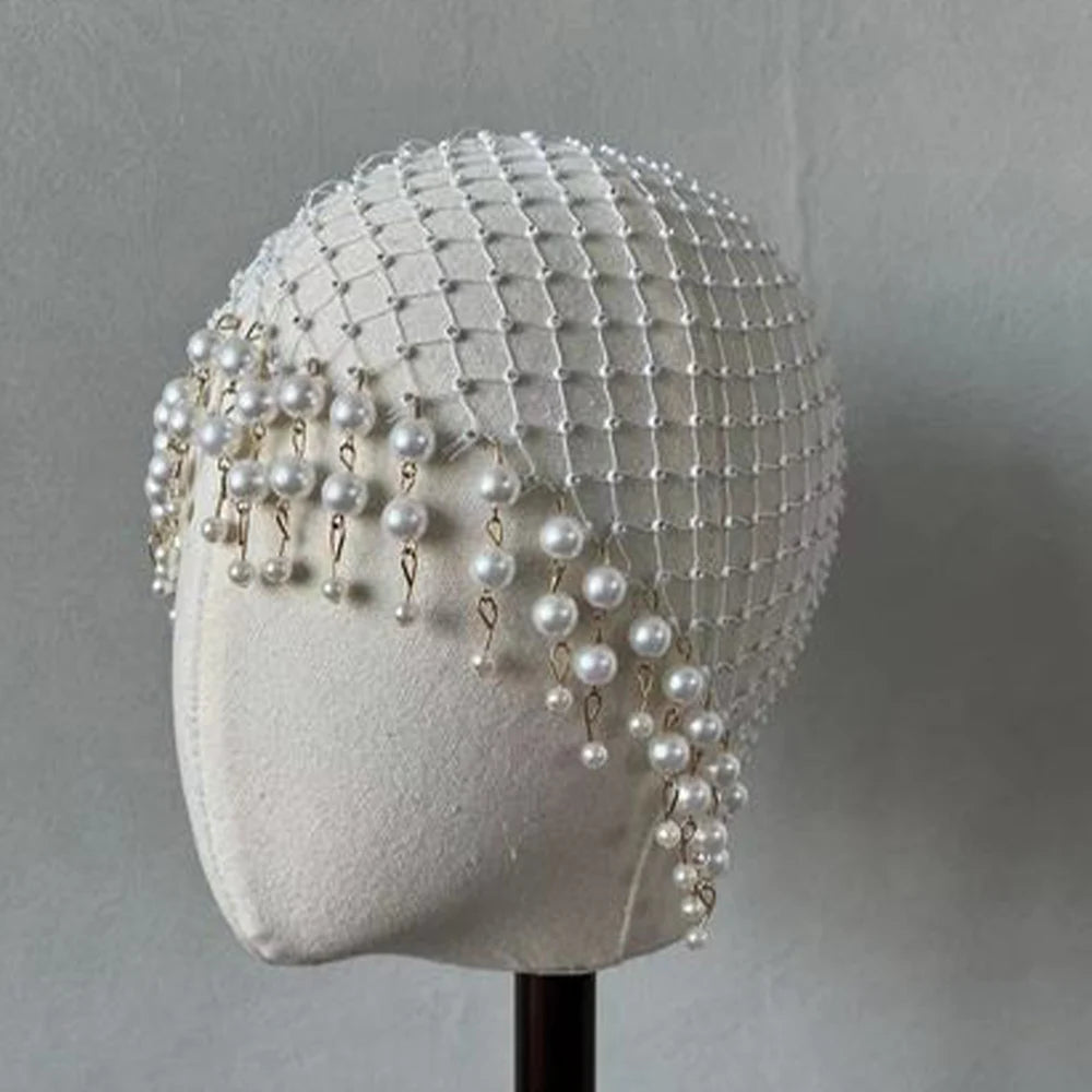 Pearl Tassel Hair Accessories  Handmade Hollowed Mesh  Head Cap