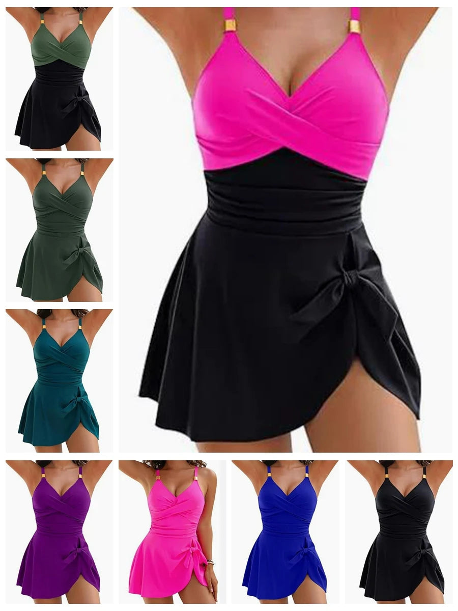 8 Colors Cute Women Swimdress Tummy Control Sexy One Piece Slim & Comfortable Ruched & Cross Swimwear Elastic Beachwear