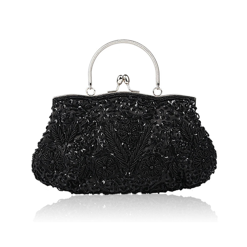 Women's Handbag Floral Designer Evening Bag Beaded Sequin Design Vintage Kissing Lock Satin Purse Bag Wedding Party Clutch Bags