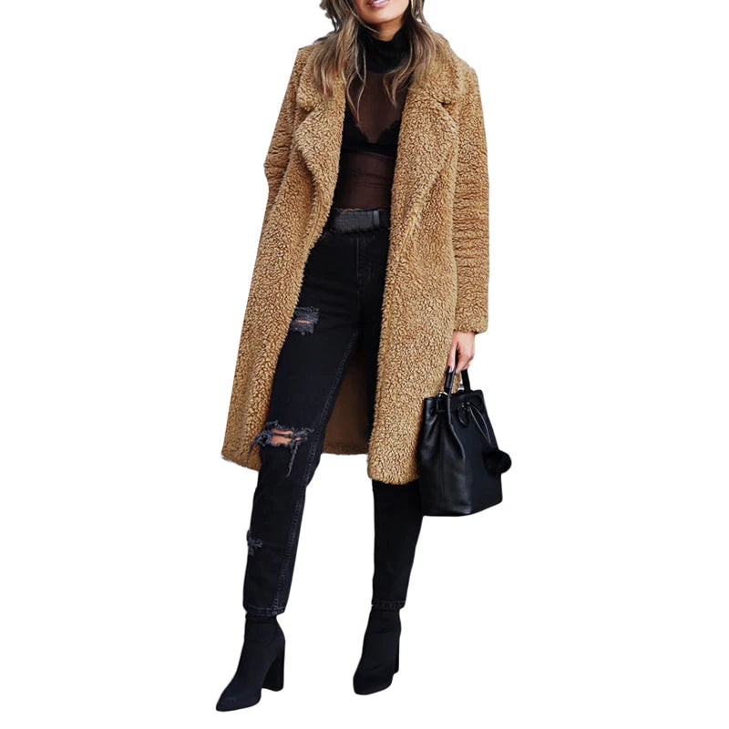 Stylish Solid Color Coat with Long Sleeves and Folded Collar Trendy Outerwear