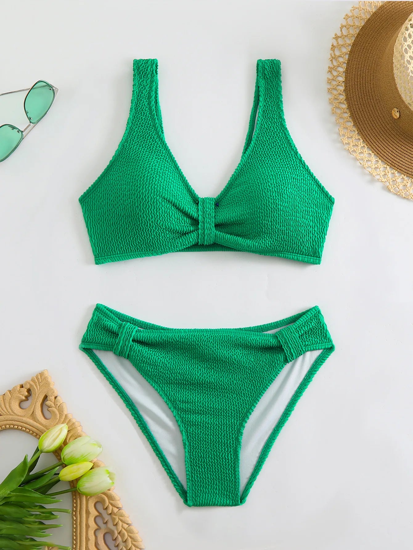 Summer Women's 2 Piece Swimsuit Solid Color High Waist Bikini Set V-neck Backless Beach Vacation Bathing Suit Swimwear