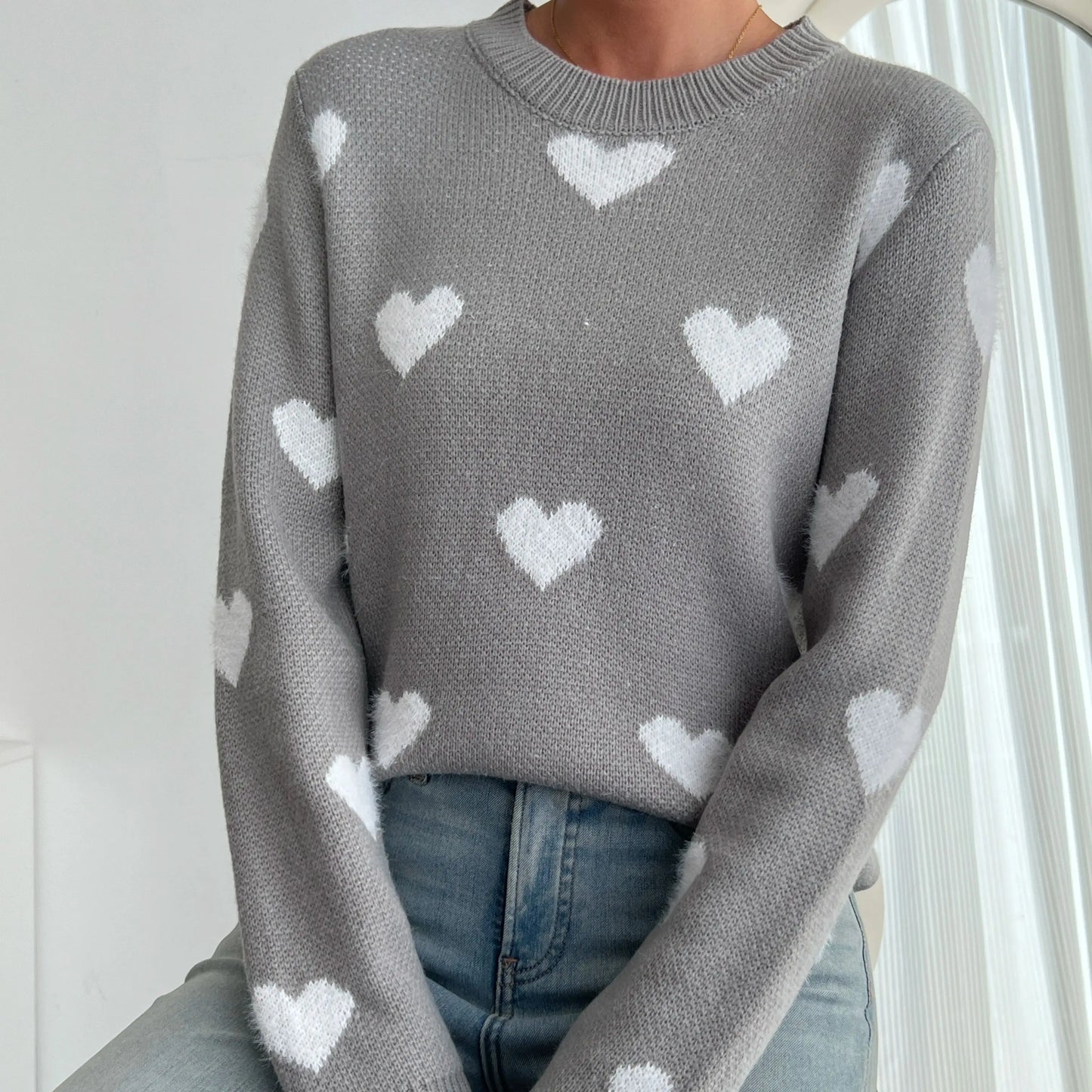 Women's Chic Blue Heart Pattern Crew Neck Sweater - Cozy Long Sleeve Knit Pullover, Soft Acrylic/Nylon Blend