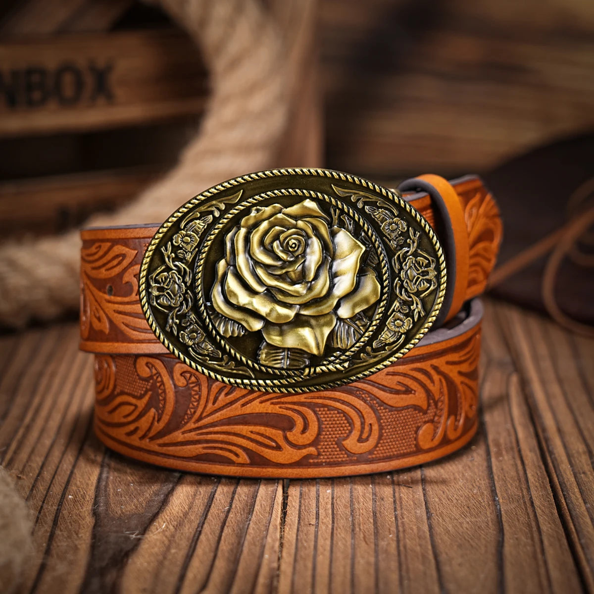 Western denim PU Belt -Women's decorative printed carved denim waistband Rose