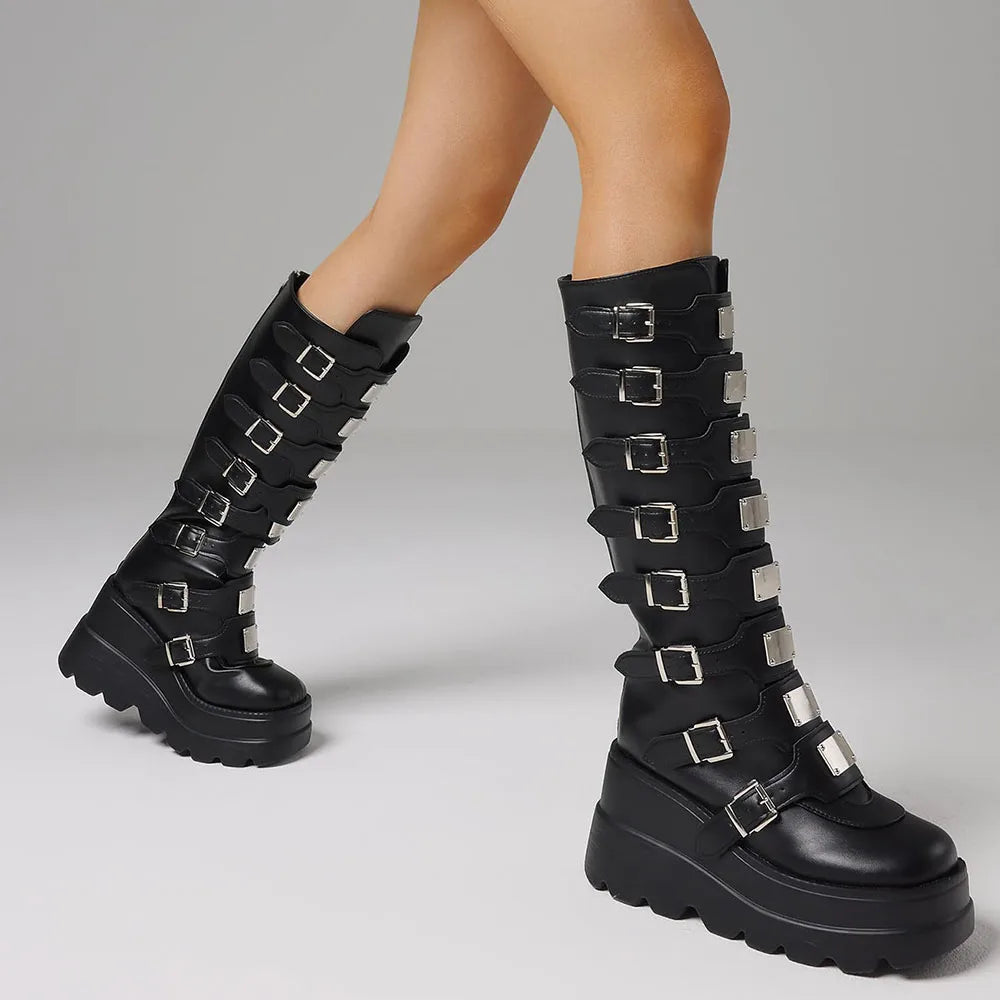 Punk Goth  Knee High Boots Round Toe Multi Metal Buckle Zipper Motorcycle Boots