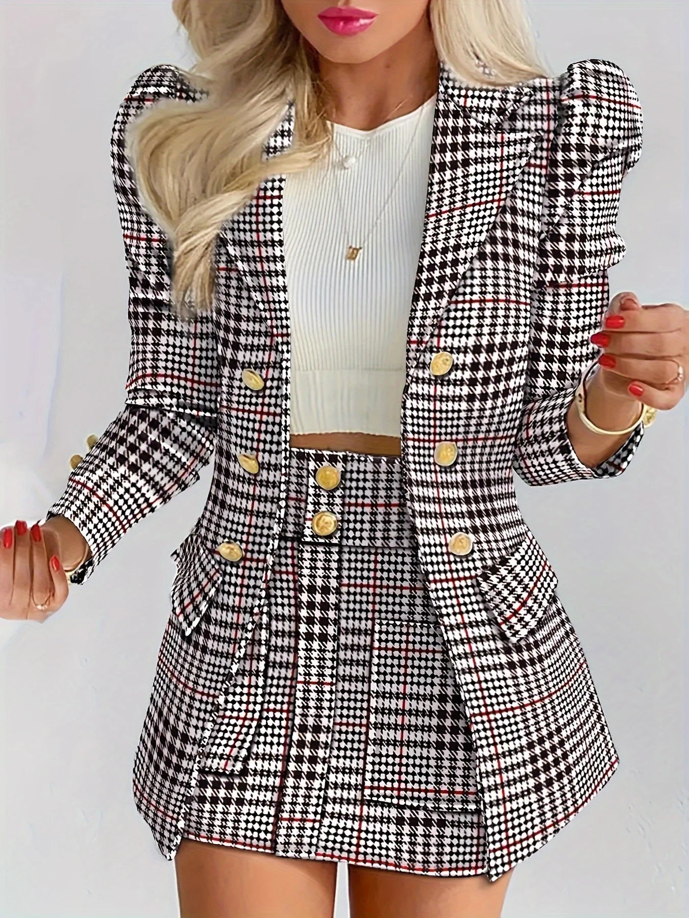 Women's Thousand Bird Casual Two-Piece Suit Set, Long Sleeved Flip Top Double Breasted Suit Jacket and Mini Hip Hugging Skirt