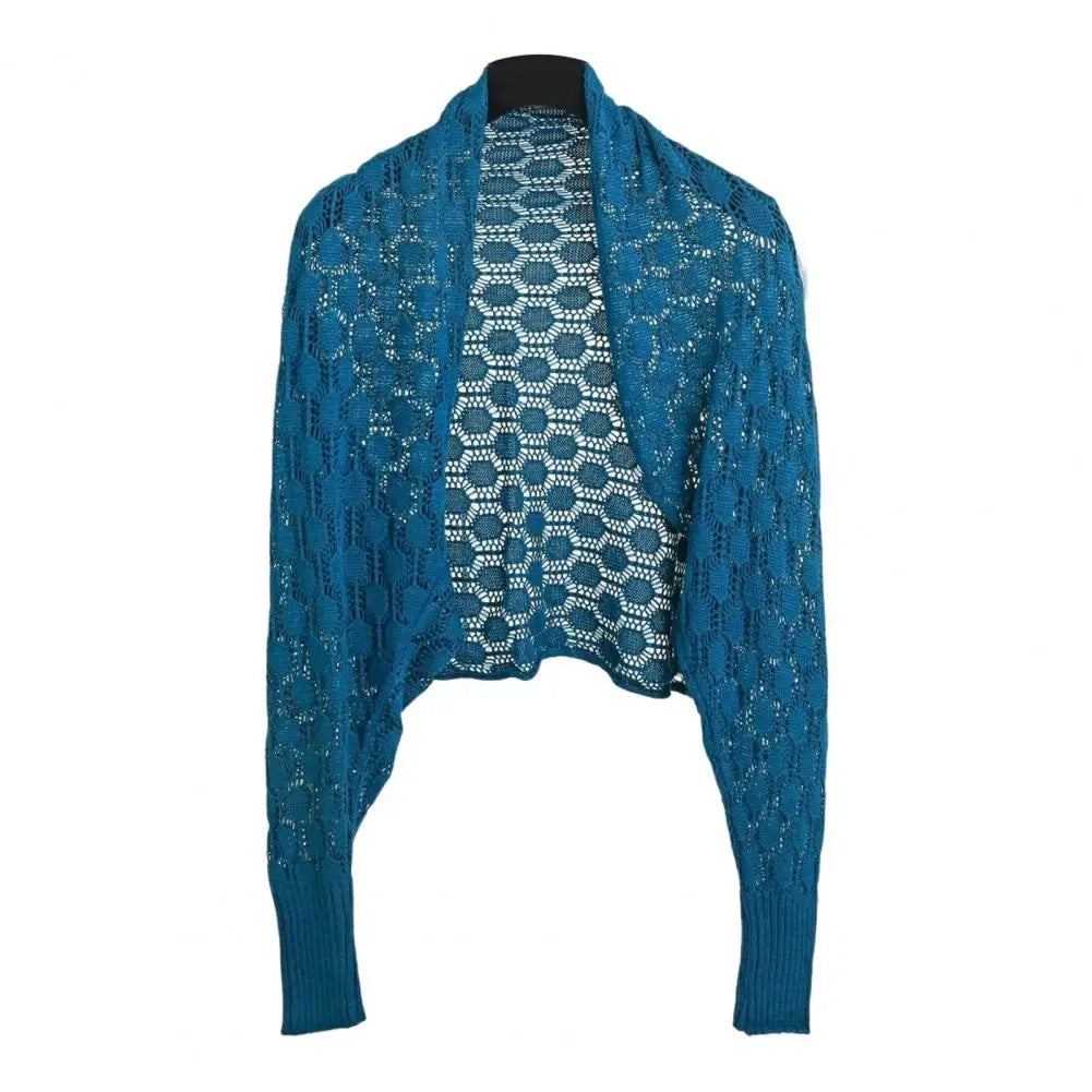 Women Shawl Long Sleeve Soft Fabric Cardigan Open Stitch  Solid Color See-through Hollow Out