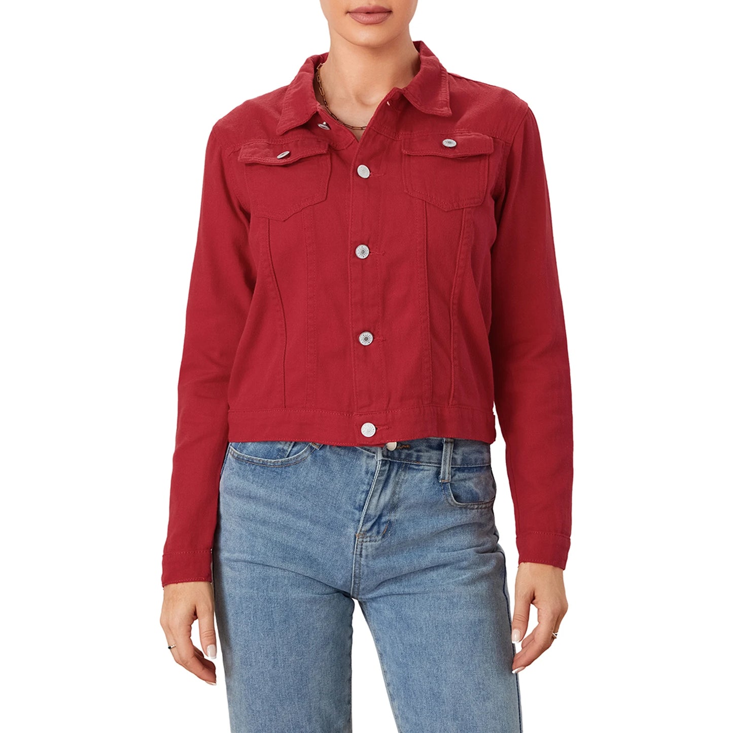 Solid Color Denim Jacket  Lapel Button Cardigan Jean Jacket  Casual Long Sleeve Short Coat