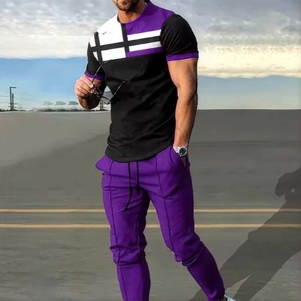 Fashion Men's T-shirt suit sportswear 3D printed sportswear  short sleeved T-shirt long pants  street wear 2-piece set
