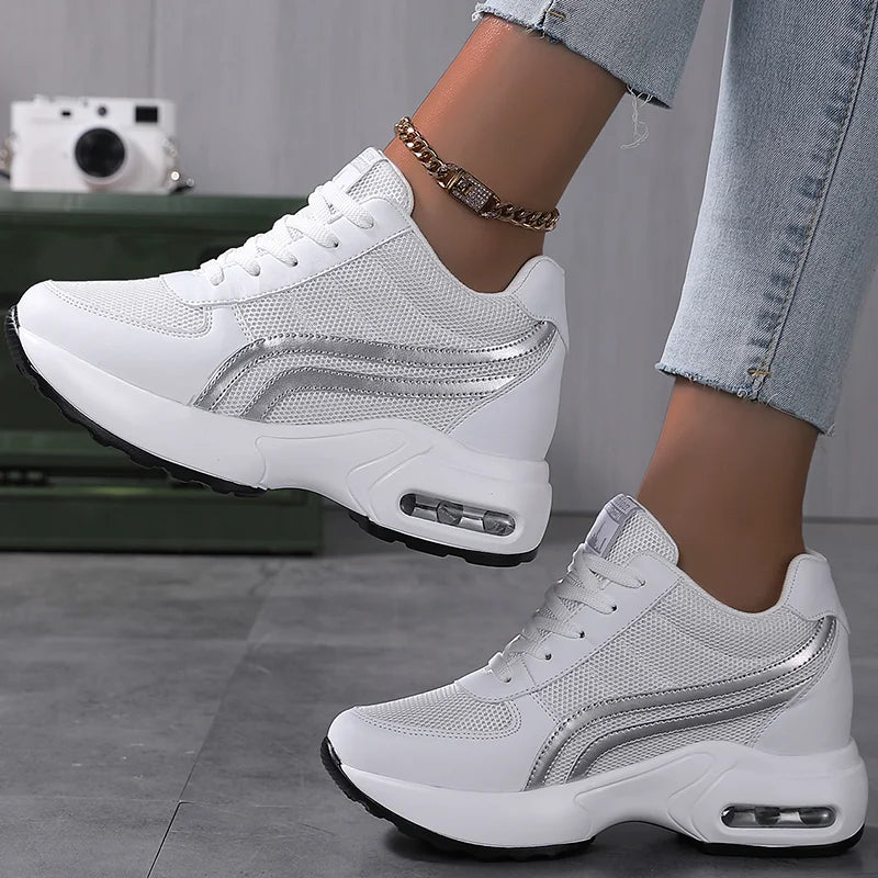 Women Air Cushion Sneakers Mesh White Running Sport Shoes Outdoor Shoes Heightening 8cm Female Casual Walking Shoes