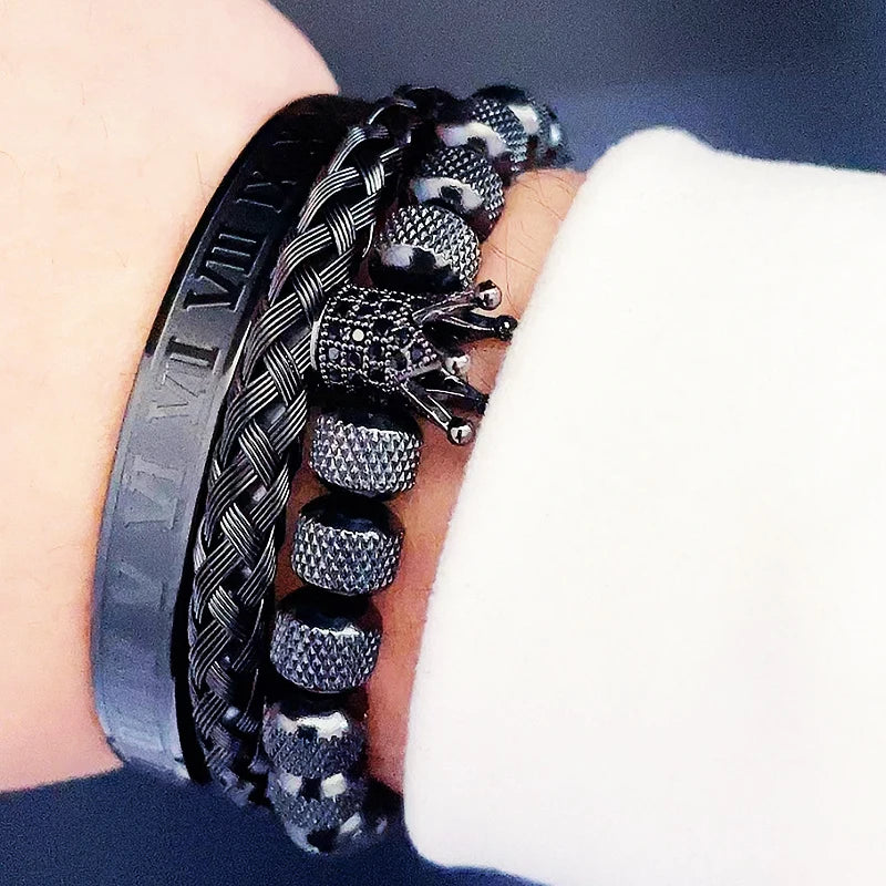 Luxury Set Crown Charms Man Bracelet Roman Stainless Steel Women Bangles Hand Jewelry