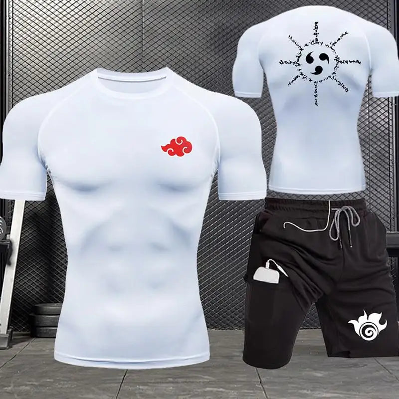Jogging Breathable Compression Sportswear Summer Men's Training Two-piece Tight T-shirt Fitness Shorts Gym Workout Set S-3xl