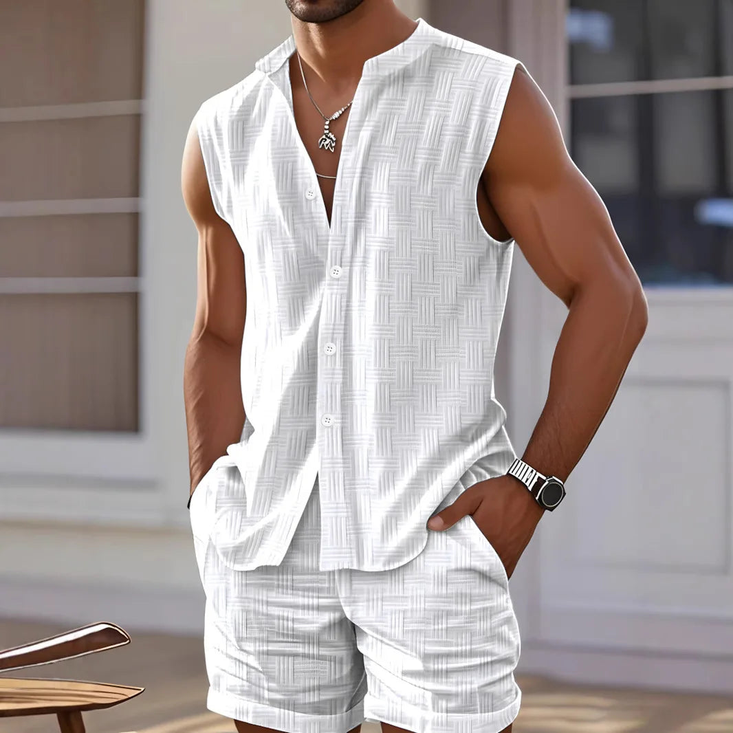 European and American 2pcs vest shirt shorts fashionable casual set loose sleeveless top sports beach shorts summer men