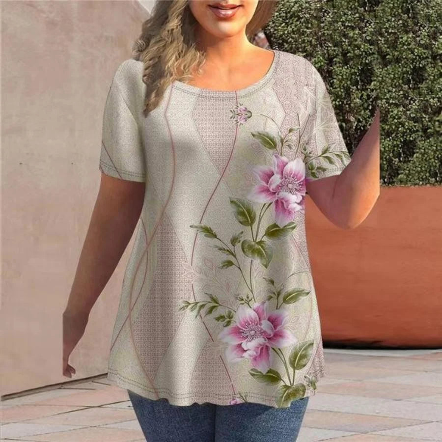 Women's T-Shirts Spring Clothing Floral Graphic O-Neck Pullovers Short Sleeve Tops Streetwear Oversized Apparel Ladies