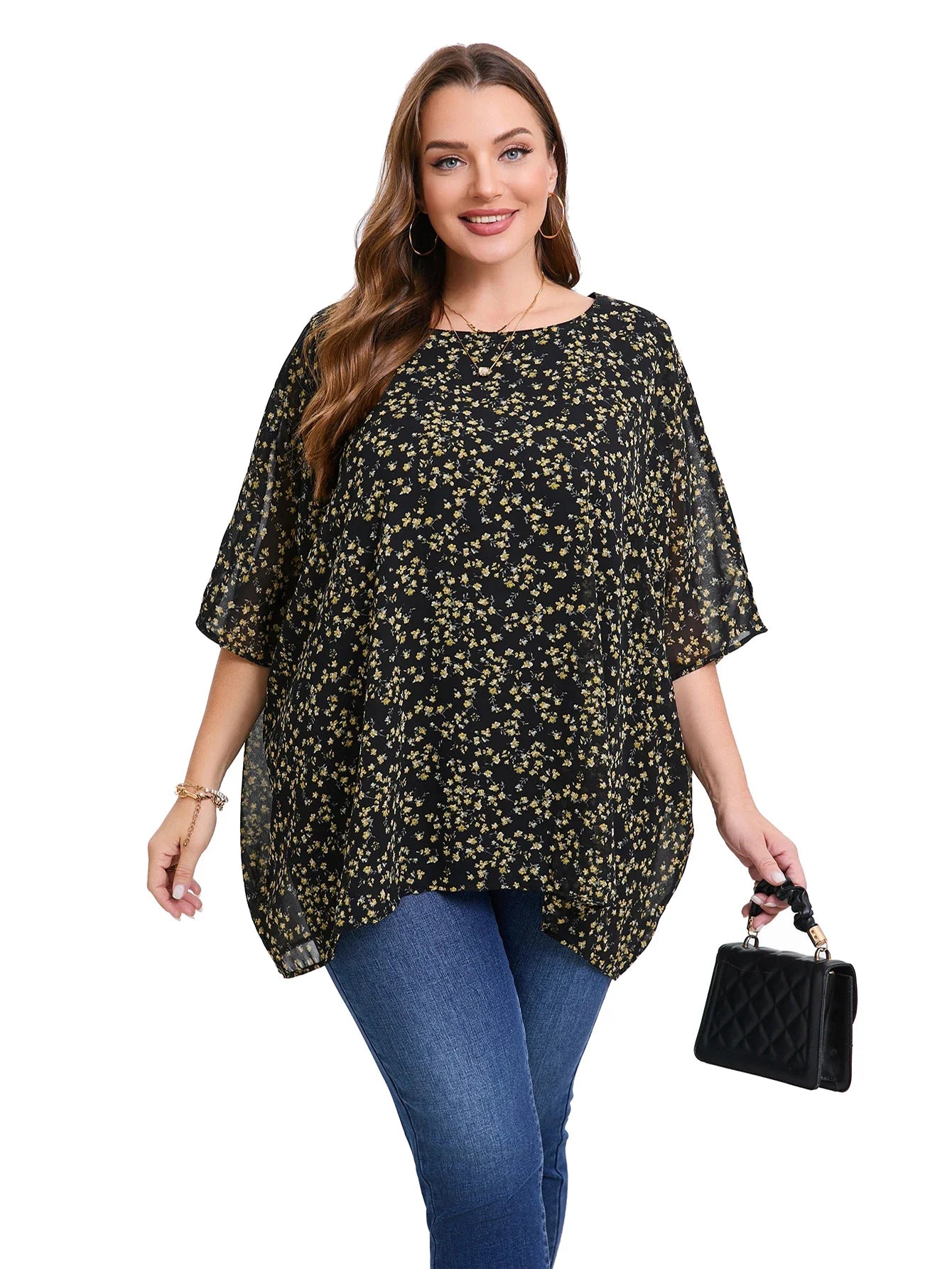 Summer Blouse Batwing Sleeve Oversized Chiffon  Scoop Neck  Casual