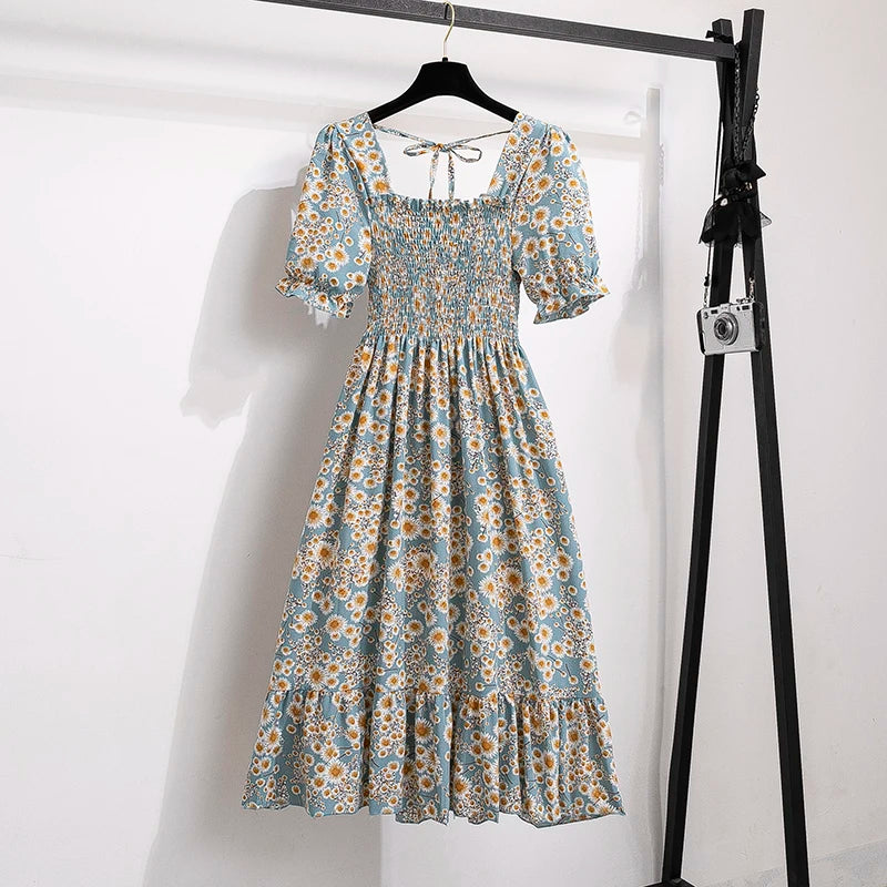Chiffon Dresses Fashion Female Elastic Waist Short Sleeve Pleated Casual Dress Women A-line Dresses
