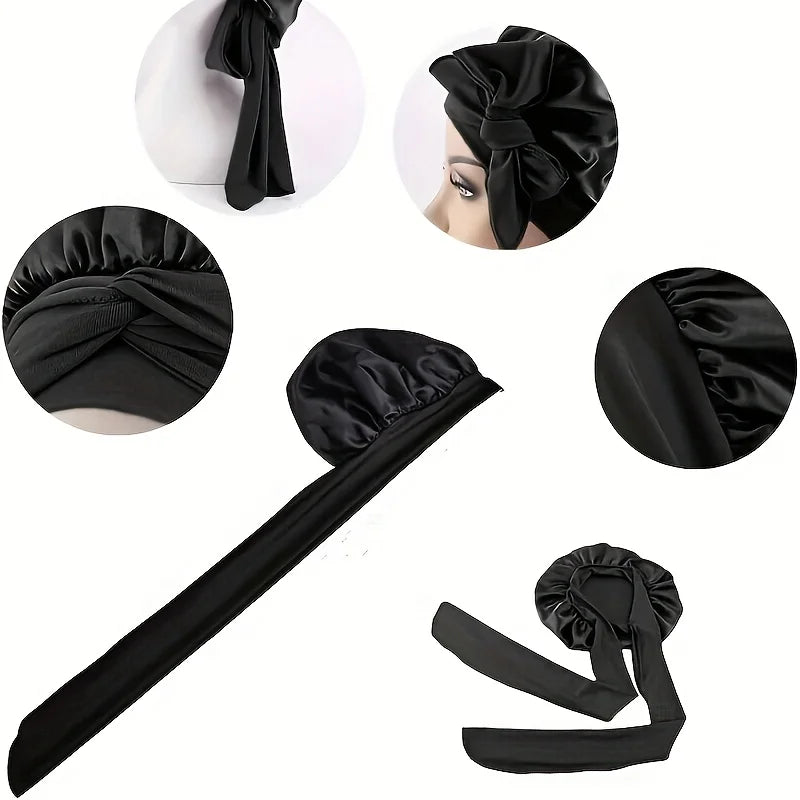 2PCS Satin Bonnets With Tie Band (Pink+Black), Sleeping Cap For Women, Soft Hair Care Night Sleep Hats
