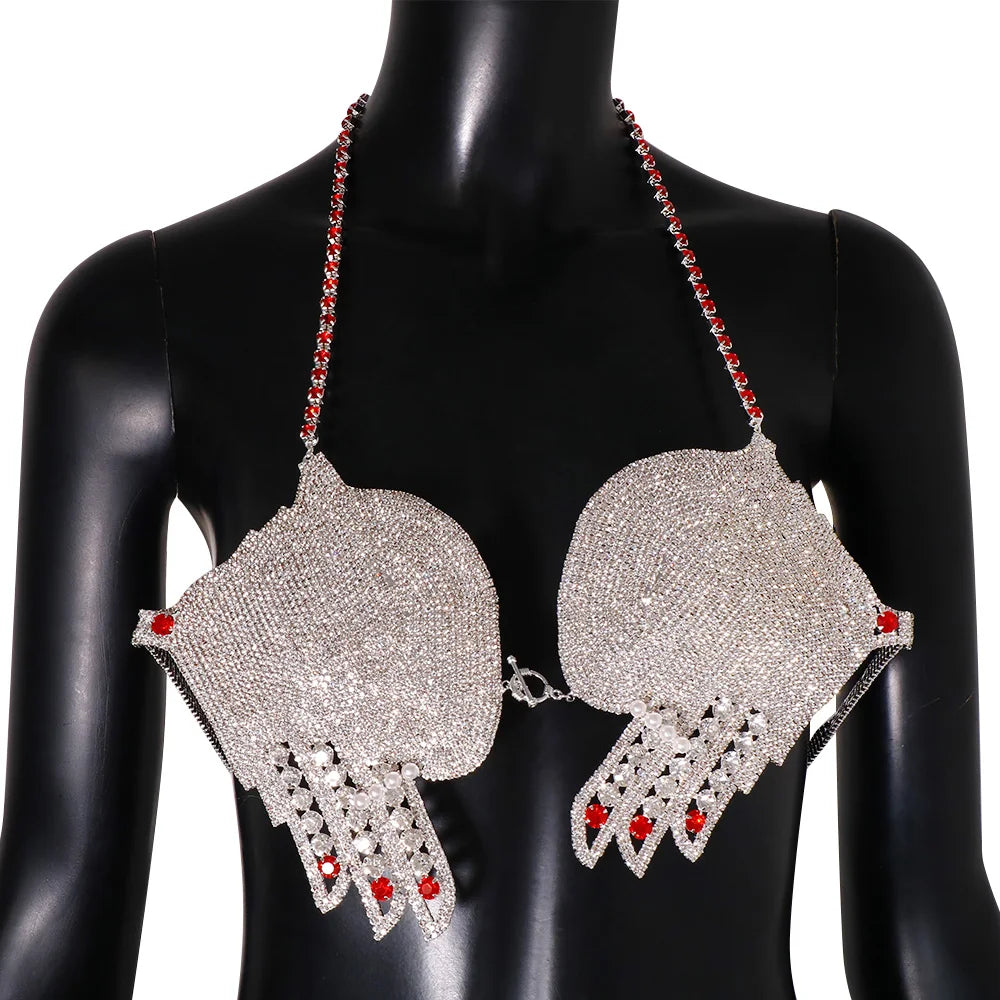 Palm Top Crystal Bikini Bra Lingerie Jewelry  Rhinestone Chest Body Chain
