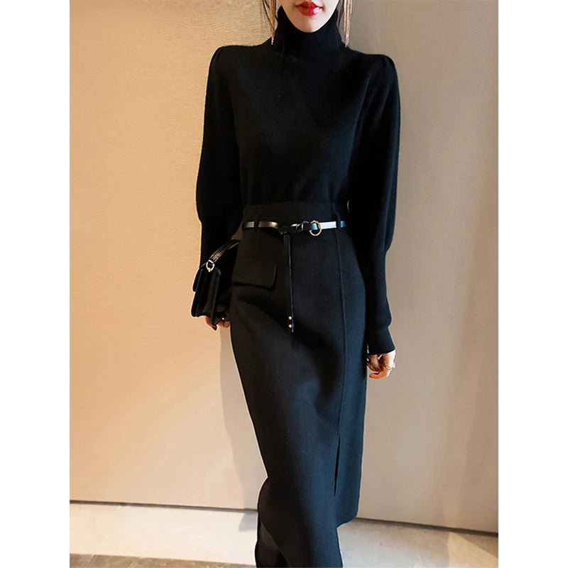 Belt Woolen  Slit Hip Wrap High Waist Slim A Line Skirt