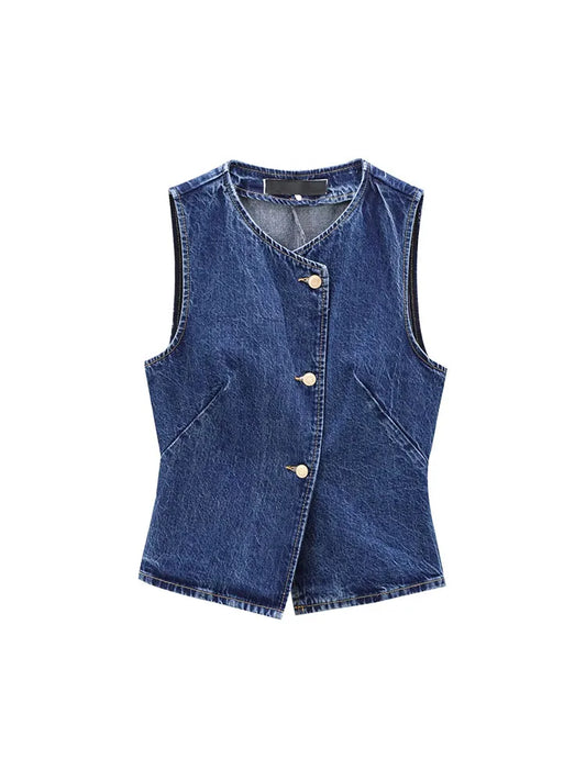 Casual All-match Round Neck Sleeveless Blue Slim Waist Denim Vest
