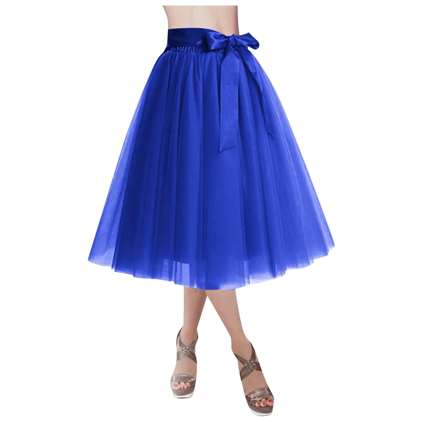 Women's Knee Length Mesh  Skirt Solid Color Elegant Elastic High Waist A-Line Petticoat
