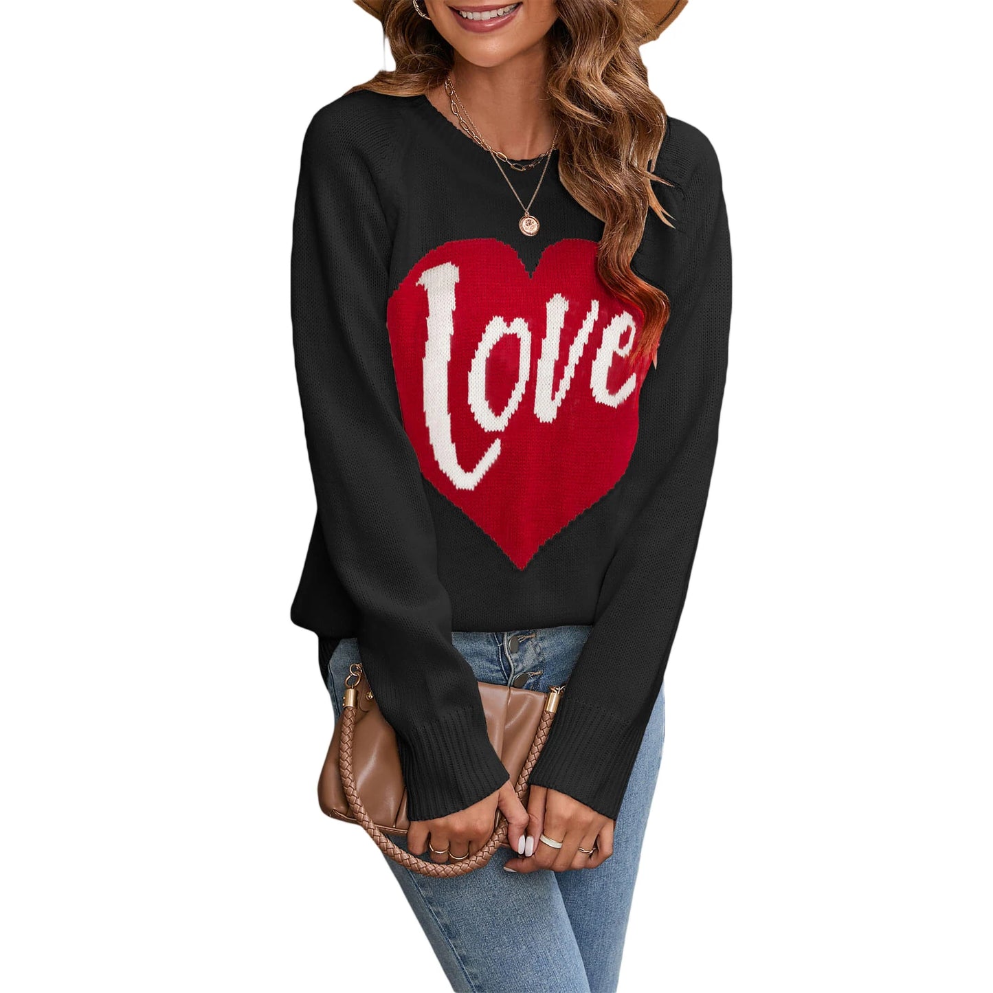 Women s Valentine s Day Heart Patterned Knit Pullover Sweater with Round Neck and Long Sleeves Cozy Loose Fit Casual