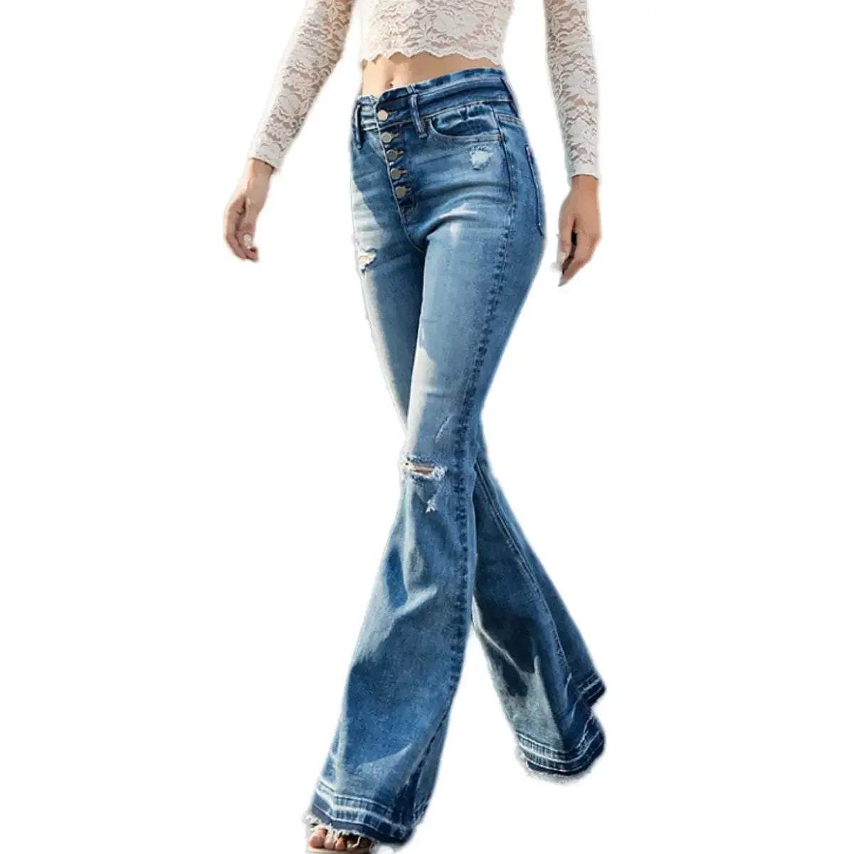 Medium Blue Bell Bottom Denim Pants Casual Summer Streetwear Comfortable Minimalist Design with Pockets