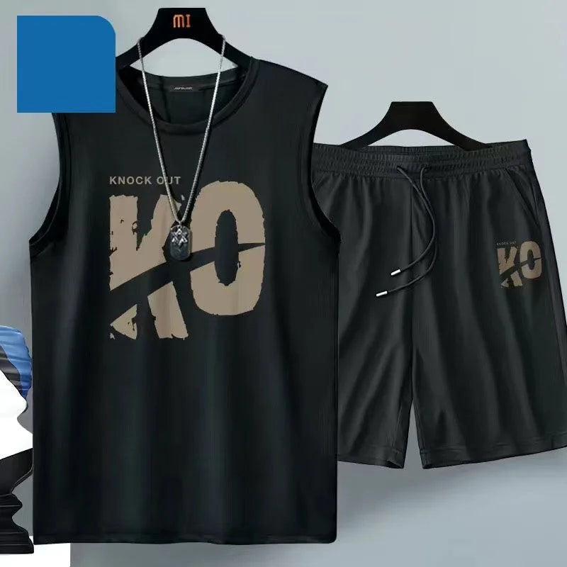 Summer Men Clothing  Breathable fashion Sportswear Basketball suit casual short-sleeved T-shirt + shorts 2-piece