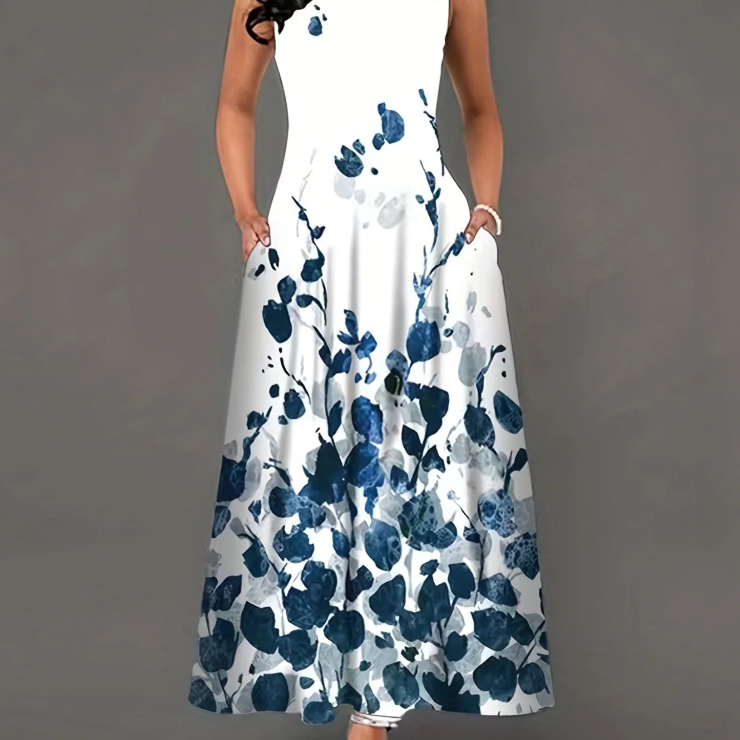 Flirty Floral Print Maxi Dress - Bohemian Chic, Sleeveless Crew Neck with Keyhole - Pockets for Women - Perfect Casual Summer Dr