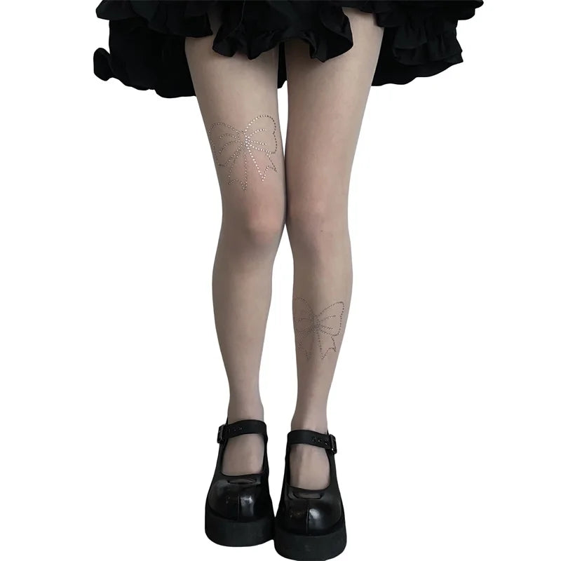 Rhinestone Embellished High Waist Sheer Mesh Tights with Soft Silk Stockings for a Glamorous Look