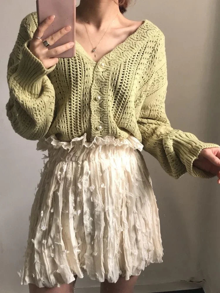 Women Spring Summer Sweater and Cardigans Low V-Neck Knit Tops Long Sleeve Hollow Out Sexy Cardigan Loose