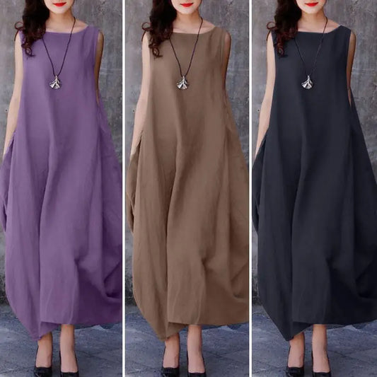 Fashion Summer Dress Women Oversized Maxi Dresses Casual Loose Solid Cotton Sleeveless O Neck